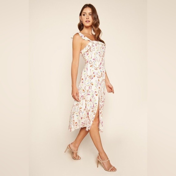 White Multicolor Floral Midi Dress Ruffle Slit Smocked Back - Picture 3 of 4